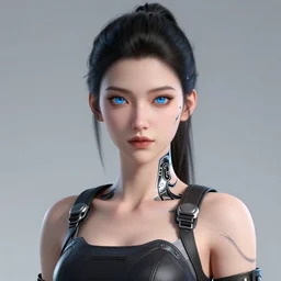 cyberpunk medium shot, very detailed, cgsociety, artstation, female, clean, symmetry, blue eyes, nice clothing, intricate, impossible beauty, golden ratio, eye implant bionic, ponytail,