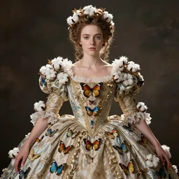 meredit frampton wonderful queen dressed in a wonderful majestic large ornate dress with cotton butterfly ,detailed texture