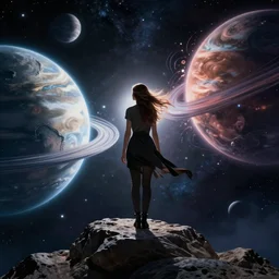 A beautiful woman with long, flowy hair standing on a rock, witnessing two planets colliding in space. illustrated by Greg Rutkowski and Gaston Bussiere, trending on artstation, artstation futurism, artstation photography, subsurface scattering, bottom view, 4k, 8k