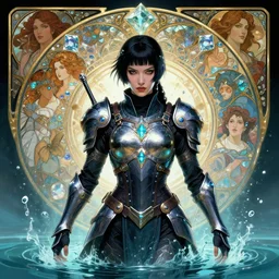 portrait of a cyberpunk ninja woman wearing a warrior armor, emerging from the water, fantasy, regal, fractal crystal, fractal gems, by stanley artgerm lau, greg rutkowski, thomas kindkade, alphonse mucha, loish, norman rockwell.