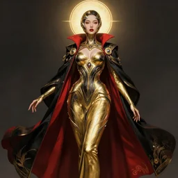 detailed beautiful noun in opened black gold red coat, seductive confident pose, attractive feminine curves, intricate details, futuristic, alien, elegant cape, elegant, photorealism, trending on artstation, holy halo, advanced technology, art by moebius and vitaly bulgarov and chanthara