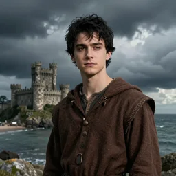 portrait of young male wizard with black hair wearing a brown jerkin in front of a castle by the sea, photorealistic, dramatic lighting, intense clouds
