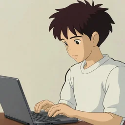guy with black hair using a laptop, tan skin, looking down, art by hayao miyazaki, studio ghibli film, twitter pfp