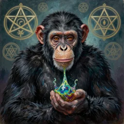 portre of an autistic demonic chimpanzee on acid, masonic and kabalistic symbols in background, oil painting