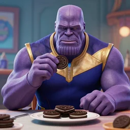 Thanos sitting down at a table eating Oreos, hyperdetailed, artstation, cgsociety, 8k