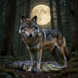 A wolf with features of a crocodile, moody lighting, yellowish full moon, pinewood forest, realistic, photorealistic art done in photoshop