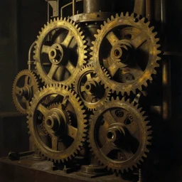 very intricated machine, gears, cinematic lighting, establishing shot, edward hopper art