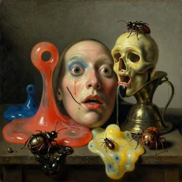 disturbing colorful oil painting dutch golden age vanitas still life with bizarre objects strange gooey surfaces wet shiny metal bizarre insects rachel ruysch dali todd schorr very detailed perfect composition rule of thirds masterpiece canon 5 0 mm, cinematic lighting, photography, retro, film, kodachrome