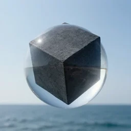 “ a dark grey black cube encased inside a clear translucent sphere, and the apex of the cube are touching the insides of the sphere, floating in the sky on top of the ocean, photograph hyper realistic ”