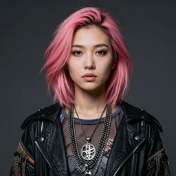 Asian-African woman with pink-dyed hair wearing alternative clothing, 8k, portrait artwork by Sergey Kolesov