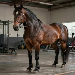 strong cart horse with big muscles in a gym, photograph, strong, 1 8 5 0 s, 1 9 8 0 s