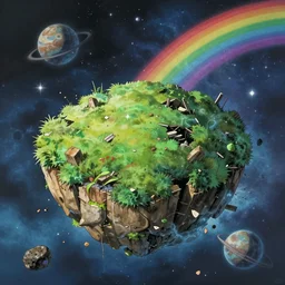 a lush green crumbling island floating in space, debris, center of image, planets, stars, rainbows, nebula, asteroids, studio ghibli style, detailed, depth of field