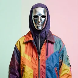 model in chrome full face mask wearing baggy colorful 9 0 s jacket by rick owens. magazine ad. pastel brutalist background.
