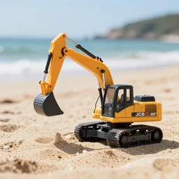 an excavator toy sunbathing on the beach, depth of field, holiday vibe, jcb, photo style, ultra realistic