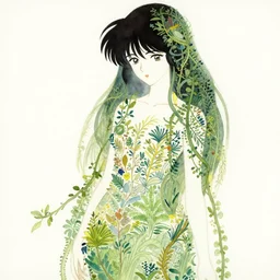 vintage 7 0 s anime watercolor by mary cicely barker, kirchner, minimalist impressionist watercolor strokes, high - angle dramatic portrait of the nature goddess on a white background by bruce pennington and yoshitaka amano, minimalist japanese watercolor, the goddess of nature is made up of many finely detailed plants and vines by makoto kobayashi,
