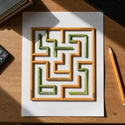 wimmelbilder maze made of pencil on college ruled paper on a school desk surrounded by school items, direct top down view