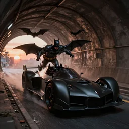 The Batman Who Laughs In A Dimly Lit Tunnel and His Psycho Batmobile, bats, sunset, volumetric lighting, hyperrealistic, beautiful details, HDR, octane render, action shot, wide angle, bokeh, Yasushi Niarasawa Moebius HR Giger Style