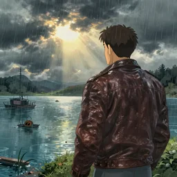 strong man in a leather jacket watching a polluted lake, rainy, studio ghibli