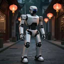 The robot rides down the street under the light of lanterns, noir