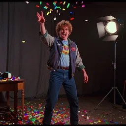 a scene from waynes world 2, rip taylor is throwing confetti, vhs distortion, cathode ray tube distortion, folk horror, hauntology, 8 k, 8 5 mm f 1. 8, studio lighting, rim light, right side key light