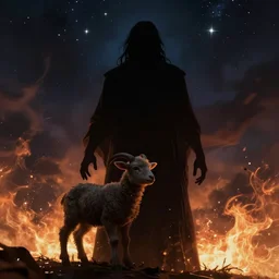 silhouette of a god man creating a lamb against the background of a starry sky, hyper realism, mystery, scared, fantasy, dark, highly detailed, digital painting, on fire background, concept art, sharp focus, illustration, epic light, artstation