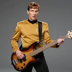 Worf in star trek uniform shredding sweet licks on the bass guitar