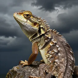 close up lizard portrait, hudson river school, storm clouds, feathers, d & d, fantasy, greg rutkowski, alphonse mucha, high quality, realistic, elegant