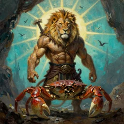 muscular lion barbarian crab hunter  full body pose, sun rays , small bird sihouettes  in cyan background , very textured detailed  oil painting by rembrandt , hard backlight , in dark cave