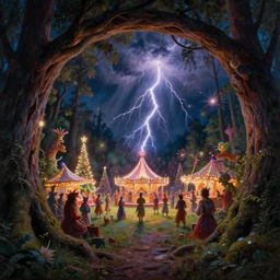 closeup of a night carnival inside a tree cavity in a magical forest in the middle of a summer storm, with a music scenario with many fireworks and christmas lights, volumetric lightning, instense god rays in the sky, folklore people disguised with fantastic creatures in a magical forest by summer night, masterpiece painted by edmund leighton, scene by dark night environment, refraction lights,