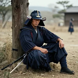 a samurai rests after a long battle,