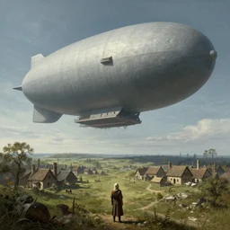 Medieval village on the plains, a villager looking up. The sky is completely covered to the horizon by an incredibly enormous colossal oversized massive airship-like ship. Extremely high detail, realistic, medieval fantasy art, masterpiece, art by Zdzisław Beksiński, Boris Vallejo