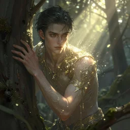 digital concept art by artgerm and greg rutkowski and nixeu, portrait of an androgynous male lurking in the forest, god rays, hyper detailed, character concept, glowing particulate, intricate, elegant, digital painting, artstation, smooth, sharp focus,