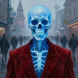 realistic detailed closeup portrait painting of a single glowing blue sci fi skeleton wearing crimson velvet blazer in a foggy crowded futuristic moscow street by denis villenueve, amano, yves tanguy, alphonse mucha, ernst haeckel, ilya repin, edward robert hughes, andrei tarkovsky, roger dean, rich moody cold colours, closeup