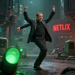 erdogan dancing, lcgsociety, green lights in the foreground and a netflix sign in the background, dystopian art, by industrial light and magic, vfxfriday, 3 d render 8 k, detailed