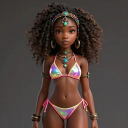 masterpiece portrait of a beautiful black girl with with boho accessories, in neon reflective bikini, full body shot, symmetrical face, cute - fine face, top lighting, sona form league of legends, art by charlie bowater, thomas river and artgerm, wlop, cryengine, lumion render, 8 k realistic hyper detailed, digital painting, artstation, concept art, ray tracing, realistic shaded