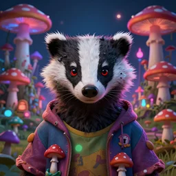 4 k headshot portrait of a psychedelic demonic anthropomorphic badger with mushroom themed clothes, magic mushroom village in background by jeff easley, award winning, stylized neon, post - processing, masterpiece, superb resolution. in the art style of junji ito and greg rutkowski. detailed mushroom city in background. hyper realistic anime. perfect art. dalle 2