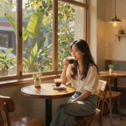 a cozy cute cafe with tables, a big window and plants, a young pretty thin filipino woman with long hair sits with an espresso, golden morning light, dramatic light, happy cozy feelings, oil painting trending on artstation