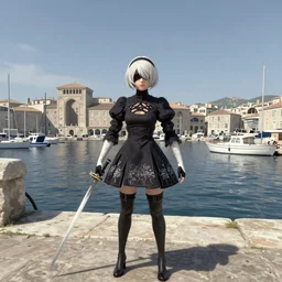 Screenshot from Nier Automata, at the Old Port of Marseille