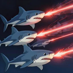 Sharks firing lasers from their eyes, beautiful lighting, in the style of studio ghibli, artwork by Hayao Miyazaki and Isao Takahata, highly detailed, 8K, smooth, cinematic, vibrant colors, trending on artstation, japanese animation, stunning artistry and soaring imagination