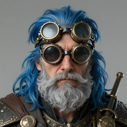 a front-facing portrait of an old man with a grey beard and blue hair wearing steampunk goggles, dungeons and dragons character art, highly-detailed illustration, Artstation