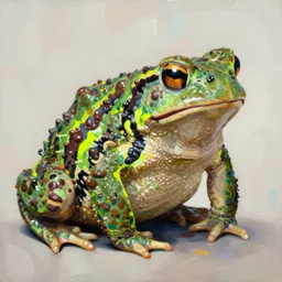toad deity, great swamp toad with many warts and neon banding digital oil paining by artgerm, greg rutkowski, mucha, portrait | art nouveau. d & d. ornate intricate detail, complimentary earth colors. sharp edges. clear detailed. 8 k. elegance
