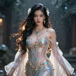 a beautiful female human god character, character is in all its glory, character is centered on the image, rim lights, highly detailed professional photo, dynamic lights, particles and crystals are flying, very deep depth of field, trending on artstation, illustration, hyper realistic, super detailed, colorful accents, rainy atmosphere