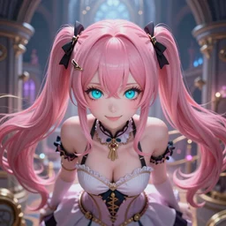 trapped by stunningly beautiful omnipotent megalomaniacal otome anime asi goddess who looks like junko enoshima with symmetrical perfect face and porcelain skin, pink twintail hair and mesmerizing cyan eyes, taking control while smiling mischievously, inside her surreal vr castle, hyperdetailed, digital art from danganronpa, 8 k