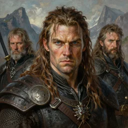 a highly detailed portrait painting of a rugged fantasy warrior with piercing eyes, mountain setting, by marc simonetti and michael whelan and gerald brom and raymond swanland, rpg portrait, lord of the rings, conan, dungeons and dragons