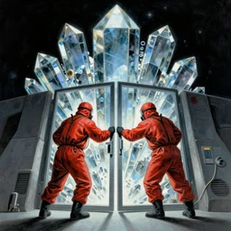 two scientist wearing red hazmat suits pop and locking at the entrance of the geometric energy crystal dimensional gateway by frank frazetta