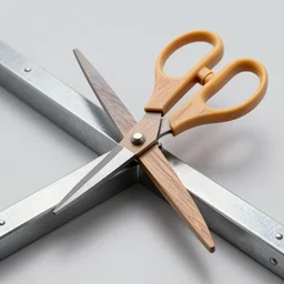 a photorealistic wooden scissors cutting steel
