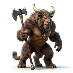 fierce minotaur with axe, high detail digital art, full body, standing, isolated on a pure white background, centered, whole figure in frame, sharp focus, studio lighting