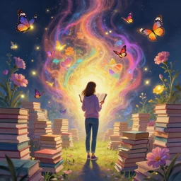 distant full long wide view shot. woman in a hoodie, jean pants, sneakers, reading piles of books. butterflies, flowers, fireflies, spirits, illusions, digital painting, detailed, colorful aura, 8 k, trending on artstation, smooth, sharp focus artwork by mark arian, artgerm, mark keathley, greg rutkowski