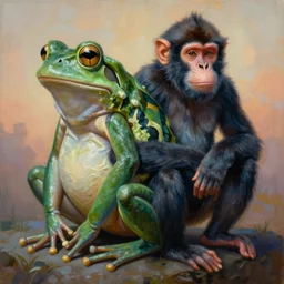 painting of hybrid frog and monkey!!!!!!! fused together, intercrossed animal, by zdzislaw beksinski, by lewis jones, by mattias adolfsson, cold hue's, warm tone gradient background, concept art, digital painting
