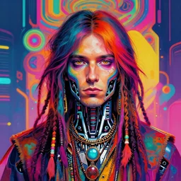 colorful portrait of a male hippie with cybernetics, but set in the future 2 1 5 0 | highly detailed | very intricate | symmetrical | professional model | cinematic lighting | award - winning | painted by mandy jurgens | pan futurism, dystopian, bold psychedelic colors, cyberpunk, anime aesthestic | featured on artstation